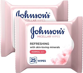 Johnson’s Micellar Wipes Refreshing with Skin-Loving Minerals, Pack of 2x25 Wipes, Suitable for Normal Skin Types, Gentle Makeup Remover Wipes, Hydrates and Cleanses, Safe for Sensitive Eyes