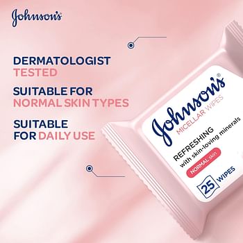 Johnson’s Micellar Wipes Refreshing with Skin-Loving Minerals, Pack of 2x25 Wipes, Suitable for Normal Skin Types, Gentle Makeup Remover Wipes, Hydrates and Cleanses, Safe for Sensitive Eyes