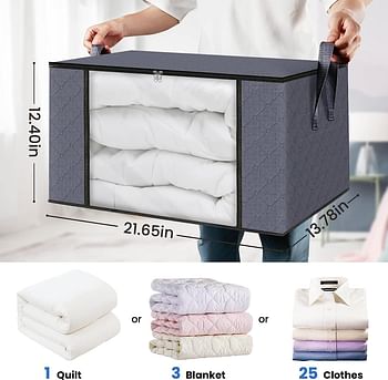 Clothes organizer with Reinforced Handle 90L, Storage Bag for Clothes Large Capacity Foldable Closet Organizer for Comforters, Blankets, Bedding with Sturdy Zipper, Clear Window, Grey (3 Pack)