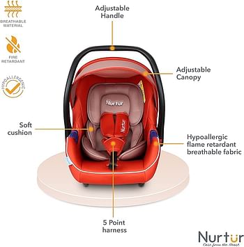 Nurtur Nemo Baby Carrier - Adjustable Canopy and Handle - Extra Protection – 3 -Point Safety Harness - Suitable from 0 months to 12 months, Upto 13kg, Orange (Official Nurtur Product)