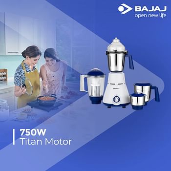 Bajaj Rex 750W Mixer Grinder, White/Blue