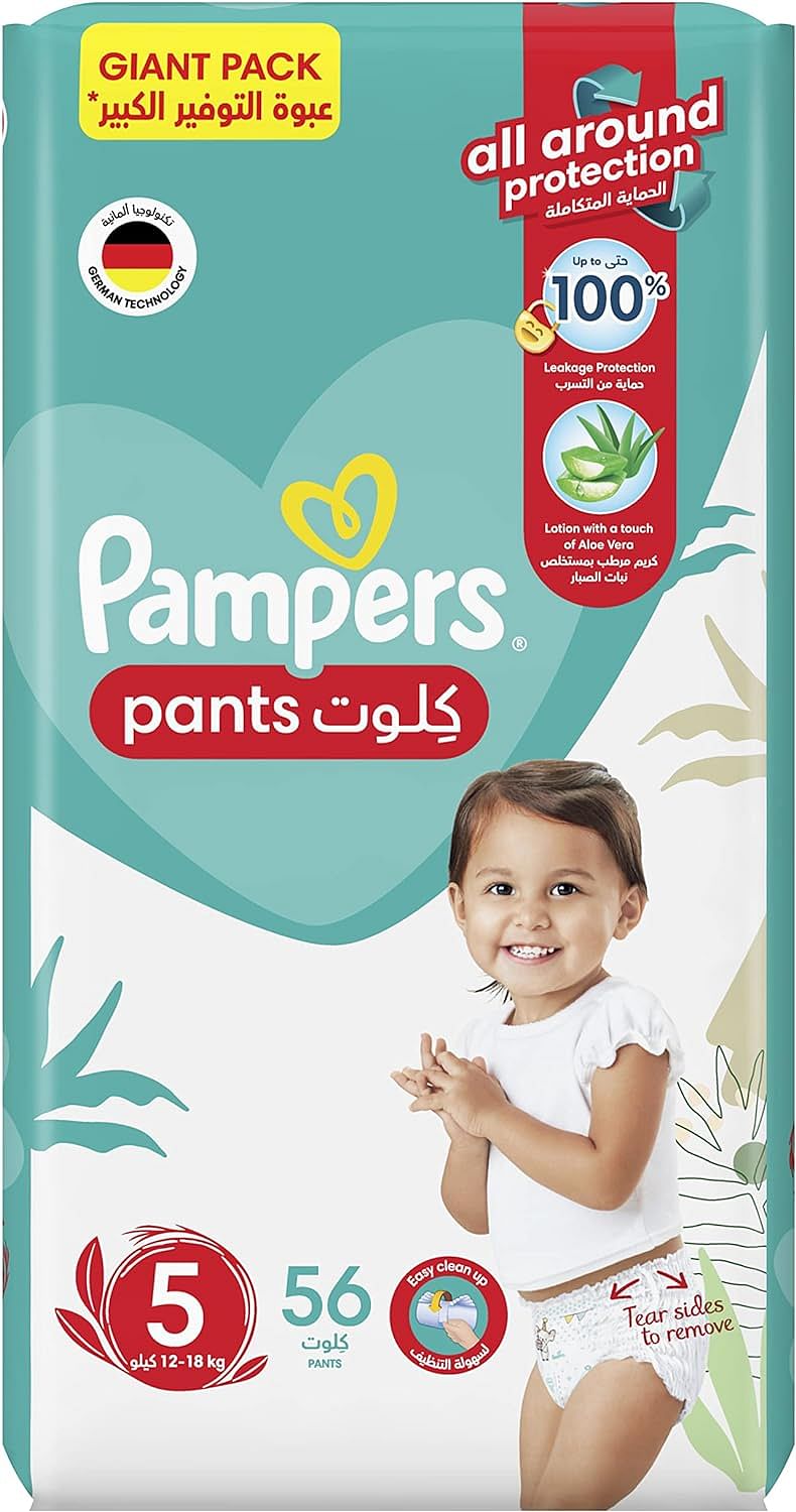 Pampers Baby-Dry Pants Diapers with Aloe Vera Lotion, 360 Fit & up to 100% Leakproof, Size 5, 12-18kg, Giant Pack, 56 Count