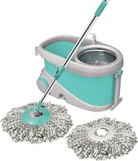 Spotzero by Milton Prime Spin Mop with Big Wheels and Stainless Steel Wringer, Bucket Floor Cleaning and Mopping System,2 Microfiber Refills,Aqua Green