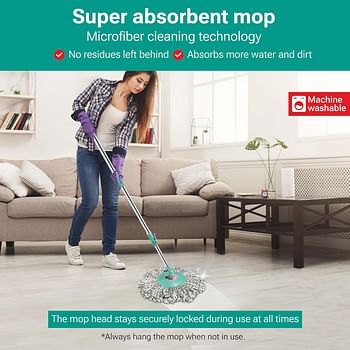Spotzero by Milton Prime Spin Mop with Big Wheels and Stainless Steel Wringer, Bucket Floor Cleaning and Mopping System,2 Microfiber Refills,Aqua Green