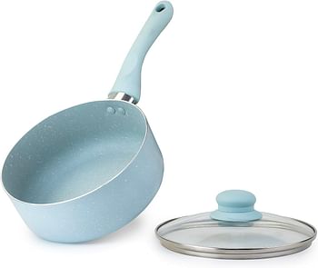 Wilson Oak Sauce Pan with Glass Lid and Marble Coating Nonstick Induction - Flat Bottom, Cast Aluminum – Dia 18cm - Blue