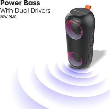 Zebronics Zeb-Music Bomb X Wireless 20W Portable Speaker, 4000 mAh Battery, RGB Lights, IPX7 Water Resistant, Wireless BT/Auxiliary, Type C Charging, Metal Hook (Black)