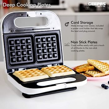 Geepas Waffle Maker, 2 Slice Electric Waffle Maker, GWM676N | Non-Stick Waffle Maker with Adjustable Temperature Control | Overheat Protection & Safety Lock