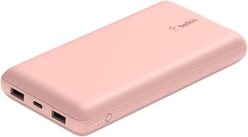 Belkin USB C Portable Charger 20000 mAh, 20K Power Bank with USB Type C Input Output Port and 2 USB A Ports with Included USB C to A Cable for iPhone, Galaxy, and More – Rose Gold