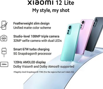 Xiaomi 12 Lite 5G - 8GB RAM, 256 Storage - Featherweight slim design - Studio-level 108MP triple camera - Smart 67W turbo charging - 120Hz AMOLED display-Black