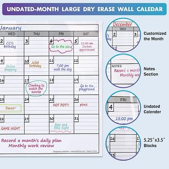 Dry Erase Monthly Laminated Jumbo Whiteboard Calendar, 25" by 38",Erasable Family Schedule Planner