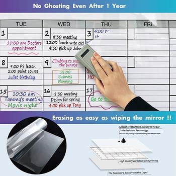 Dry Erase Monthly Laminated Jumbo Whiteboard Calendar, 25" by 38",Erasable Family Schedule Planner