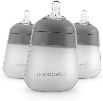 Nanobébé Flexy Silicone Baby Bottle, Anti-Colic, Natural Feel, Non-Collapsing Nipple, Non-Tip Stable Base, Easy to Clean, 3-Pack, Gray