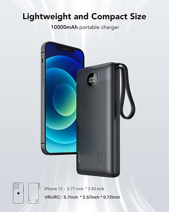 Vrurc Power Bank USB C 20000mAh Portable Charger with Built in Cable PD & QC 22.5W Fast Charging Battery Charger - 4 Output 2 Input LED Display External Battery Pack