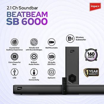 Impex 2.1 Wireless Subwoofer Soundbar Beat Beam 120W SB 6000 Black