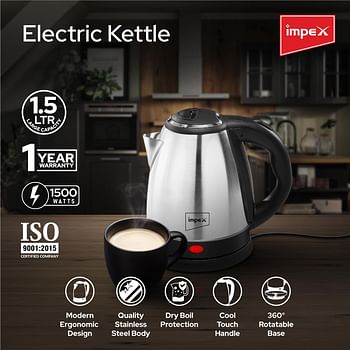 Impex STEAMER 1501 1.5 Liter Stainless steel Electric Kettle 1500 Watts Silver