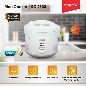 Impex RC 2803 700W 1.8 Liter Automatic Electric Rice Cooker with Aluminum Inner pot Safety Protection heating Coil White