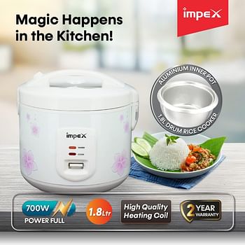 Impex RC 2803 700W 1.8 Liter Automatic Electric Rice Cooker with Aluminum Inner pot Safety Protection heating Coil White