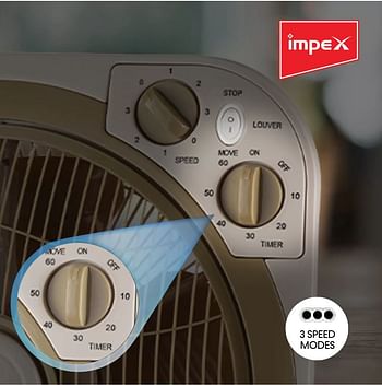 Impex 12 Inch Box Fan BF 7512 Powerful Cooling With 3 Speed Modes, Timer, Child Safety Grill, Copper Motor BF 7512 White