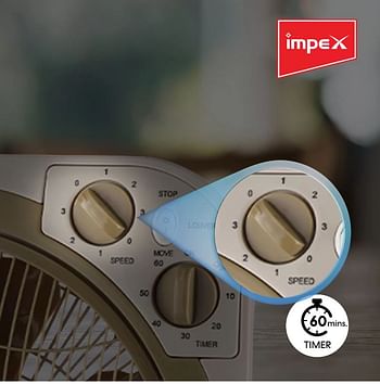 Impex 12 Inch Box Fan BF 7512 Powerful Cooling With 3 Speed Modes, Timer, Child Safety Grill, Copper Motor BF 7512 White