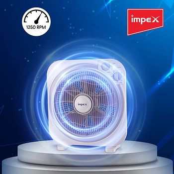 Impex 12 Inch Box Fan BF 7512 Powerful Cooling With 3 Speed Modes, Timer, Child Safety Grill, Copper Motor BF 7512 White