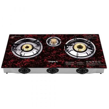 Impex 3 Burner Glass Top Gas Stove with FFD - Quality Pan Support, Brass Burners, Spill Tray, Auto Ignition, Toughened Glass, Flame Failure Device, Blue Flame, Ergonomic Knobs IGS 1213F Black/Red/Silver