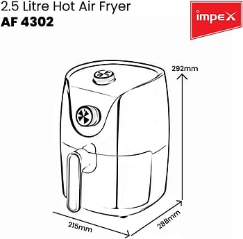 إمبكس مقلاة هوائية مع تحكم في درجة الحرارة قابل للتعديل، وحماية من الحرارة الزائدة، ومقبض بارد يعمل باللمس، سعة 2.5 لتر، وقدرة 1300.0 واط، AF 4302 أسود/بني