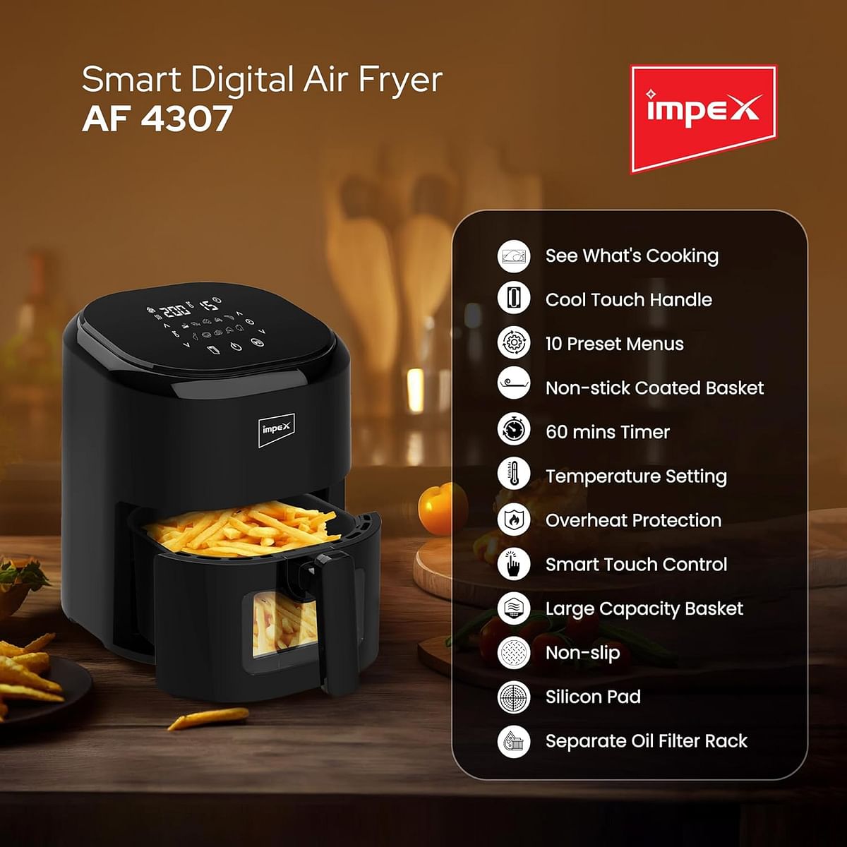 Impex Digital Air Fryer With Adjustable Temperature Control 4.5 L 1200 W AF 4307 Black