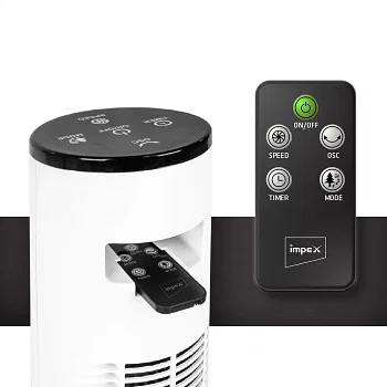 Impex Tower Fan With Remote Control, Touch Panel, 3 Speed Control, 3 Modes, 12 Hours Timer, 100% Copper Motor And Large Airflow - Sleep Peacefully TWISTER 36 Black And White