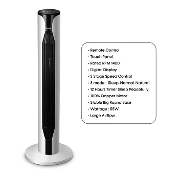 Impex Tower Fan With Remote Control, Touch Panel, 3 Speed Control, 3 Modes, 12 Hours Timer, 100% Copper Motor And Large Airflow - Sleep Peacefully TWISTER 36 Black And White