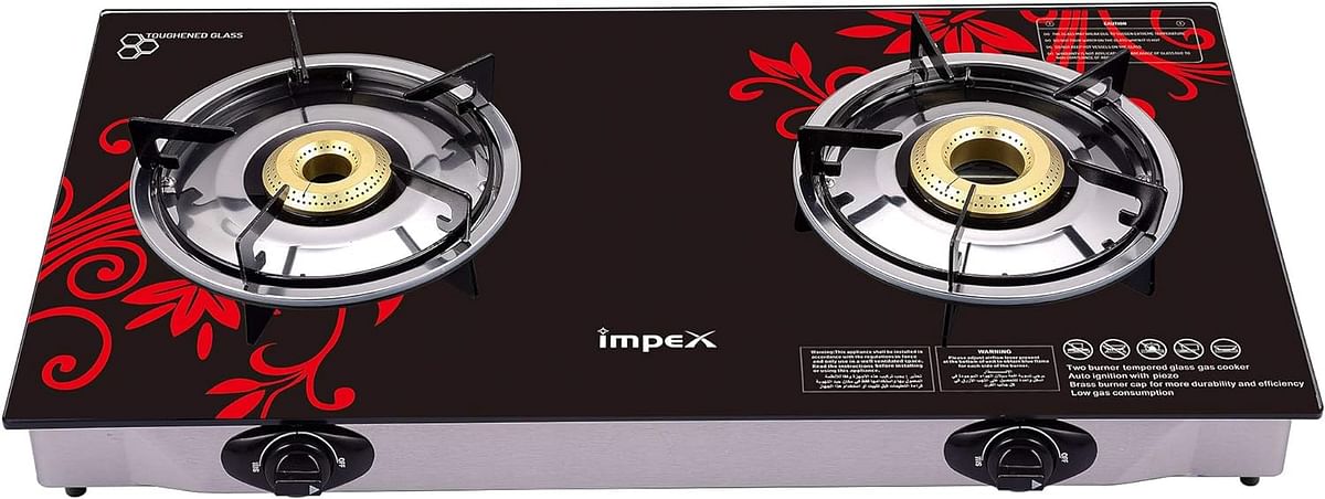 Impex 2-Burner Glass Top Gas Stove - Aesthetically Designed Glass Top, High-Efficiency Blue Flame, Spill Tray, Ergonomic Knobs, Stainless Steel Screw, Compact Size IGS 1212F