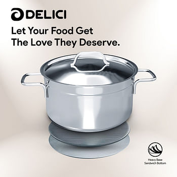 DELICI Stainless Steel Sauce Pan (DSP 16W), Well Polished Exterior, Non-Stick Interior, Oven Safe, Dishwasher Safe, 304 Grade, Ergonomic Handle, Premium Lid, Heavy Base Sandwich Bottom, Strong & Durable Silver 16cm