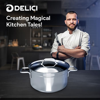 DELICI Stainless Steel Sauce Pan (DSP 16W), Well Polished Exterior, Non-Stick Interior, Oven Safe, Dishwasher Safe, 304 Grade, Ergonomic Handle, Premium Lid, Heavy Base Sandwich Bottom, Strong & Durable Silver 16cm