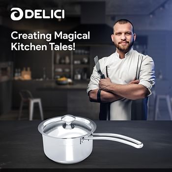 DELICI Stainless Steel Milk Pan 16cm (DMP 16W), Well Polished Exterior, Non-Stick Interior, Oven Safe, Dishwasher Safe, 304 Grade, Ergonomic Handle, Heavy Base Sandwich Bottom, Strong & Durable Silver 16cm