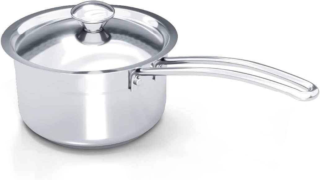 DELICI Stainless Steel Milk Pan 16cm (DMP 16W), Well Polished Exterior, Non-Stick Interior, Oven Safe, Dishwasher Safe, 304 Grade, Ergonomic Handle, Heavy Base Sandwich Bottom, Strong & Durable Silver 16cm