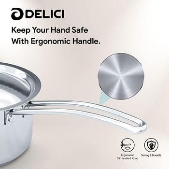 DELICI Stainless Steel Milk Pan 16cm (DMP 16W), Well Polished Exterior, Non-Stick Interior, Oven Safe, Dishwasher Safe, 304 Grade, Ergonomic Handle, Heavy Base Sandwich Bottom, Strong & Durable Silver 16cm