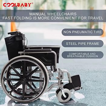 COOLBABY enlarged/widened/thickened steel pipe manual wheelchair, light foldable manual wheelchair for the elderly and disabled with handbrake, flip armrest detachable cushion