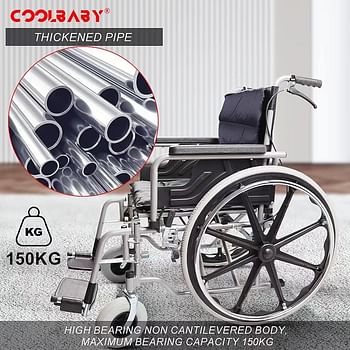 COOLBABY enlarged/widened/thickened steel pipe manual wheelchair, light foldable manual wheelchair for the elderly and disabled with handbrake, flip armrest detachable cushion