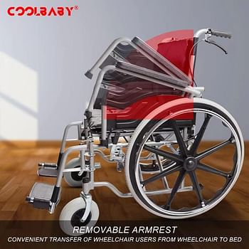 COOLBABY enlarged/widened/thickened steel pipe manual wheelchair, light foldable manual wheelchair for the elderly and disabled with handbrake, flip armrest detachable cushion