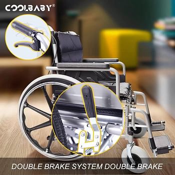 COOLBABY enlarged/widened/thickened steel pipe manual wheelchair, light foldable manual wheelchair for the elderly and disabled with handbrake, flip armrest detachable cushion