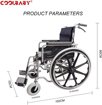 COOLBABY enlarged/widened/thickened steel pipe manual wheelchair, light foldable manual wheelchair for the elderly and disabled with handbrake, flip armrest detachable cushion