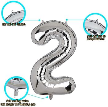 RGLT 2 SILVER Number Balloons 32inch Helium Birthday Balloons Foil Mylar Digital Balloons for Birthday Engagement Wedding Bridal Shower Anniversary, 2S