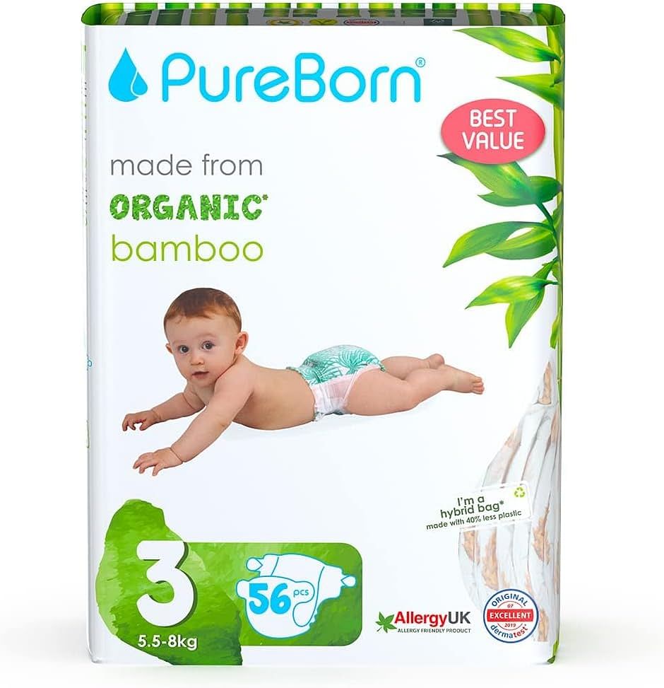 Pureborn Organic Natural Bamboo Baby Disposable Diapers-Size 3 From 5.5 to 8 Kg - 56 pcs_Daisy Print_Value Pack_Premium Super Soft_ Maximum Leakage protection_Eco friendly Nappies_NB Essentials