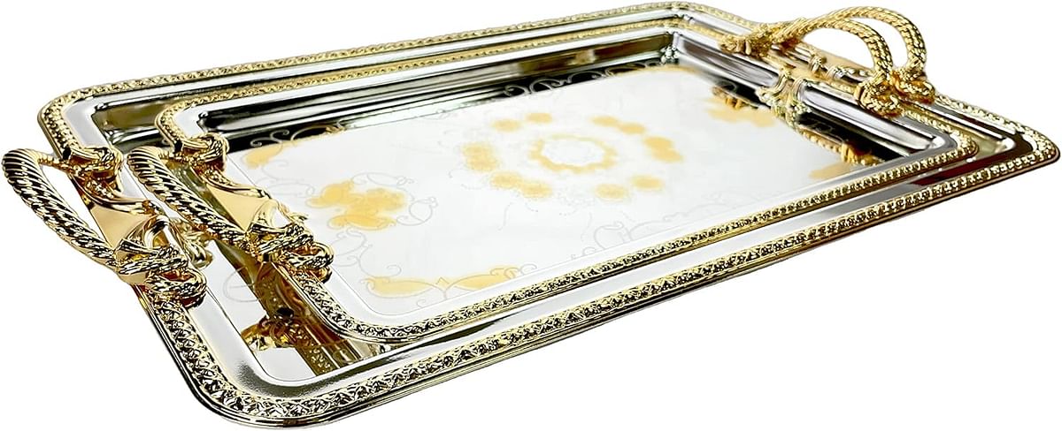 Zolten Silverplated 2Pc Large And Medium Sizes Rectangle Tray Set Gold/Silver Colour 43.5X29.7/5.5X24.3 Cm