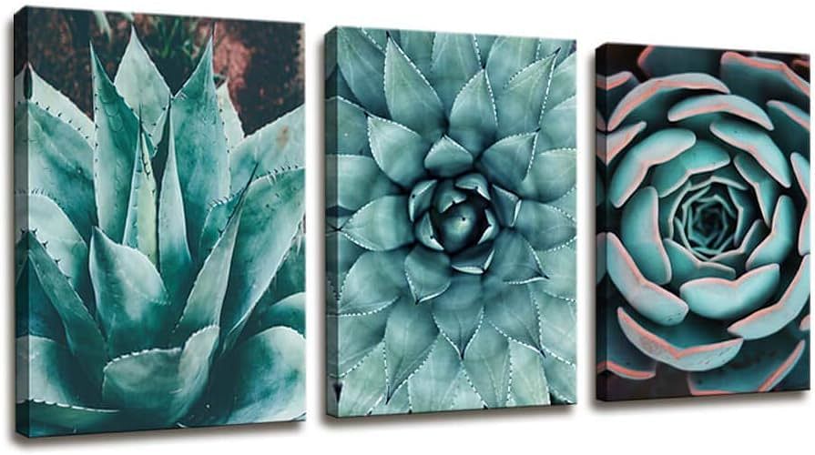 Canvas Wall Art Contemporary Simple Life Blue Agave Succulents Painting Wall Art For Bathroom Wall Decor - 3 Panels Framed Canvas Prints Tropical Plants Giclee Picture For Home Office Decorations