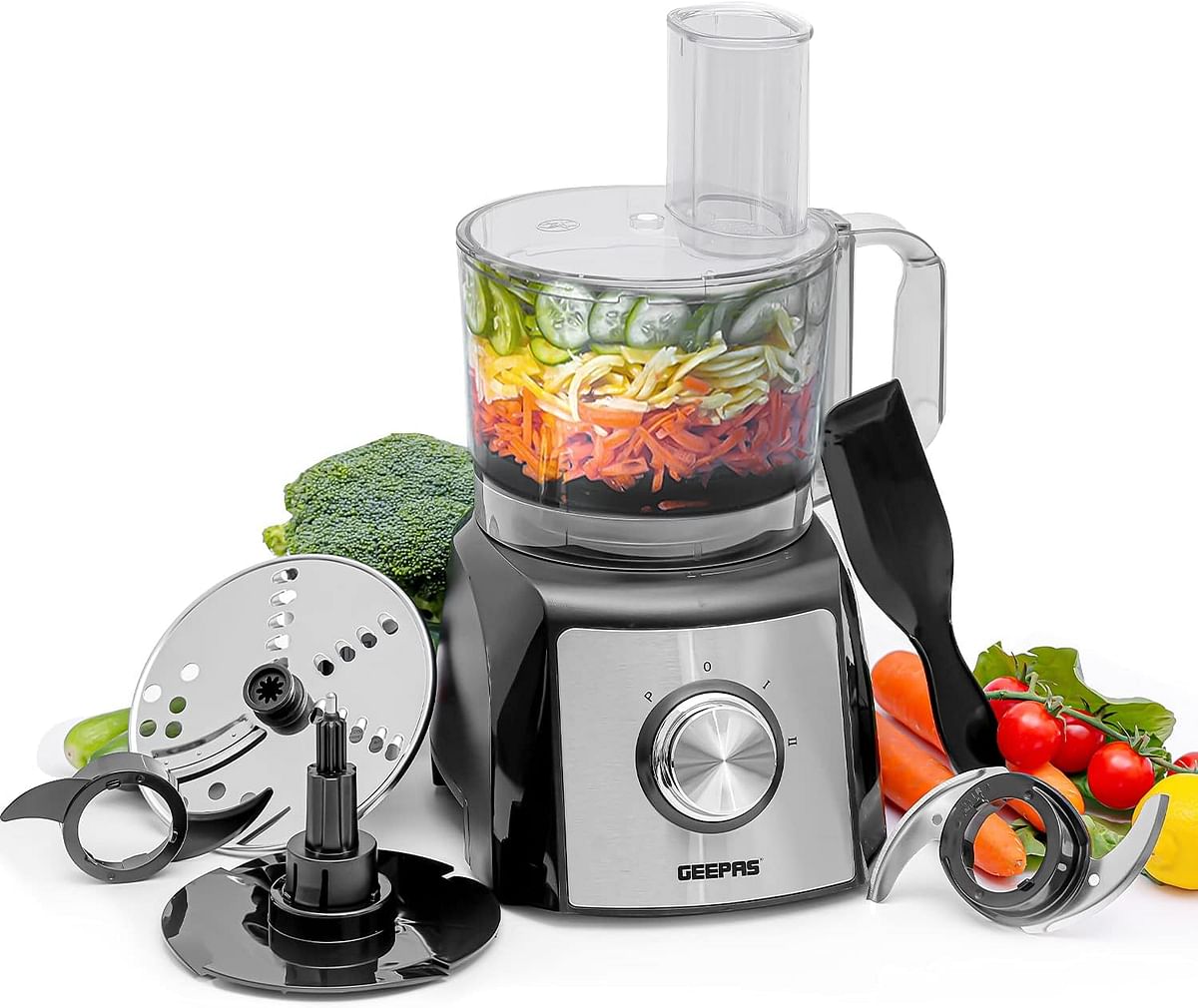 Geepas GMC42015UK 1200W Compact Food Processor Blender Multifunctional Electric Chopper with Shredder & Grater Attachments 1.2L Bowl Capacity Stainless Steel & Dough Blades Included