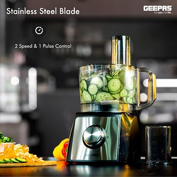 Geepas GMC42015UK 1200W Compact Food Processor Blender Multifunctional Electric Chopper with Shredder & Grater Attachments 1.2L Bowl Capacity Stainless Steel & Dough Blades Included