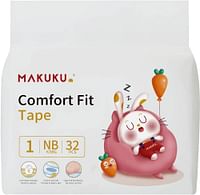MAKUKU Comfort Fit Tape Diapers, Diapers size 1, Newborn, Suitable for babies over 0-5 Kg and 0-2 Months, 32 Diapers
