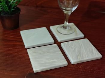 Lamac Crafts - Marble Coasters (Set of 6) for Drinks, mug and glasses on dining table, party accessories, 9cm diameter - outdoor pot and car, caddy (White Square)