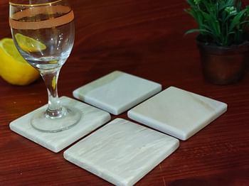 Lamac Crafts - Marble Coasters (Set of 6) for Drinks, mug and glasses on dining table, party accessories, 9cm diameter - outdoor pot and car, caddy (White Square)