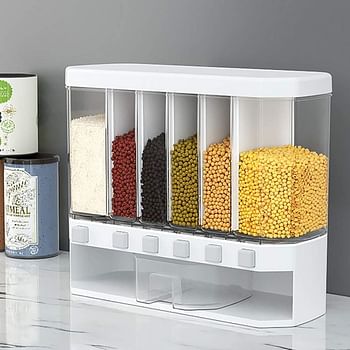 ECVV Multiple Dispenser For Grains & Cereals Dry Food One-Click Output Food Containers 6 Grid Cereal Dispenser Kitchen Storage - Transparent